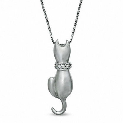 Natural Diamond Accent Sitting Cat Pendant in Sterling Silver