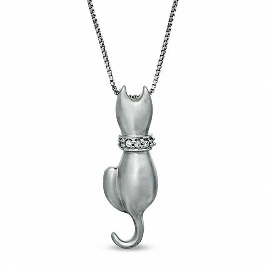 Natural Diamond Accent Sitting Cat Pendant in Sterling Silver