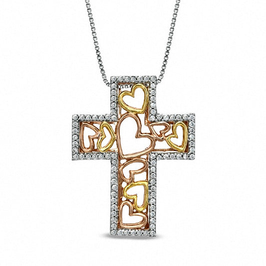 0.2 CT. T.W. Natural Diamond Cross Filled with Hearts Pendant in Sterling Silver and 14K Two-Tone Gold Plate