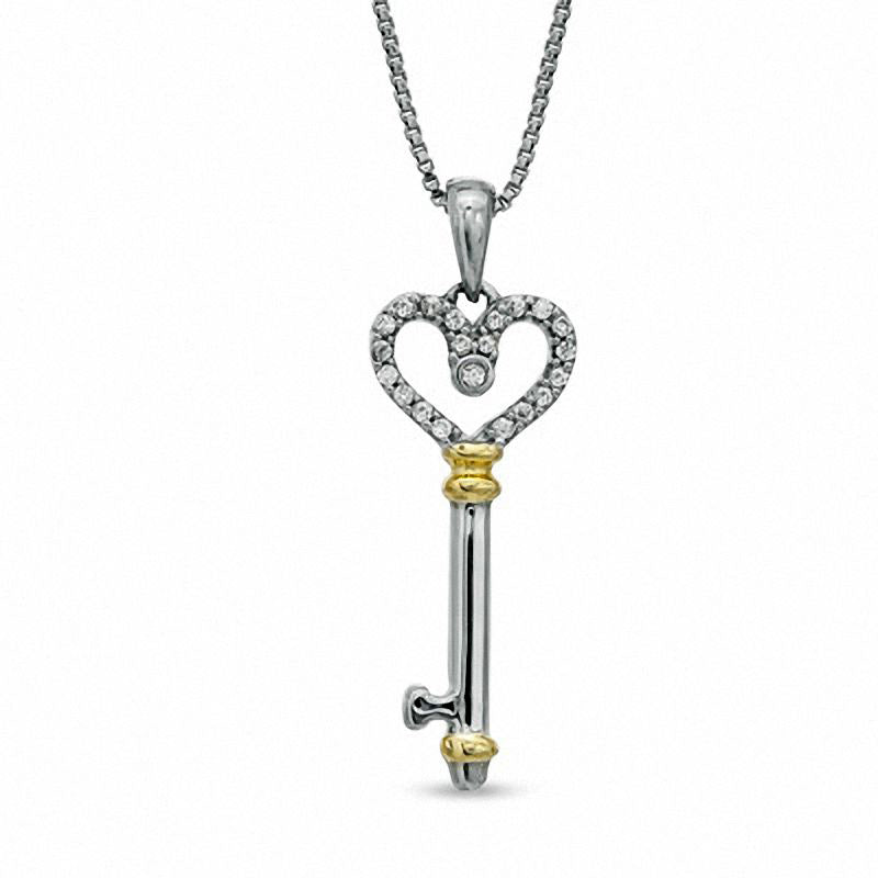 Natural Diamond Accent Heart Top Key Pendant in Sterling Silver and 14K Gold Plate