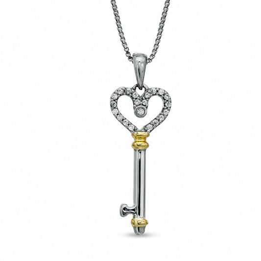 Natural Diamond Accent Heart Top Key Pendant in Sterling Silver and 14K Gold Plate