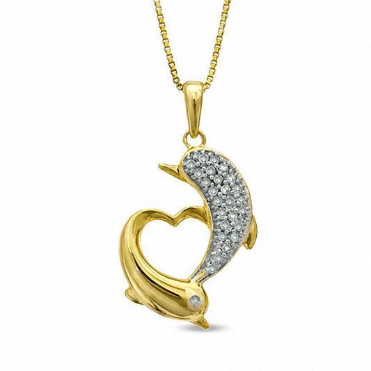 0.13 CT. T.W. Natural Diamond Heart-Shaped Dolphins Pendant in Sterling Silver and 14K Gold Plate
