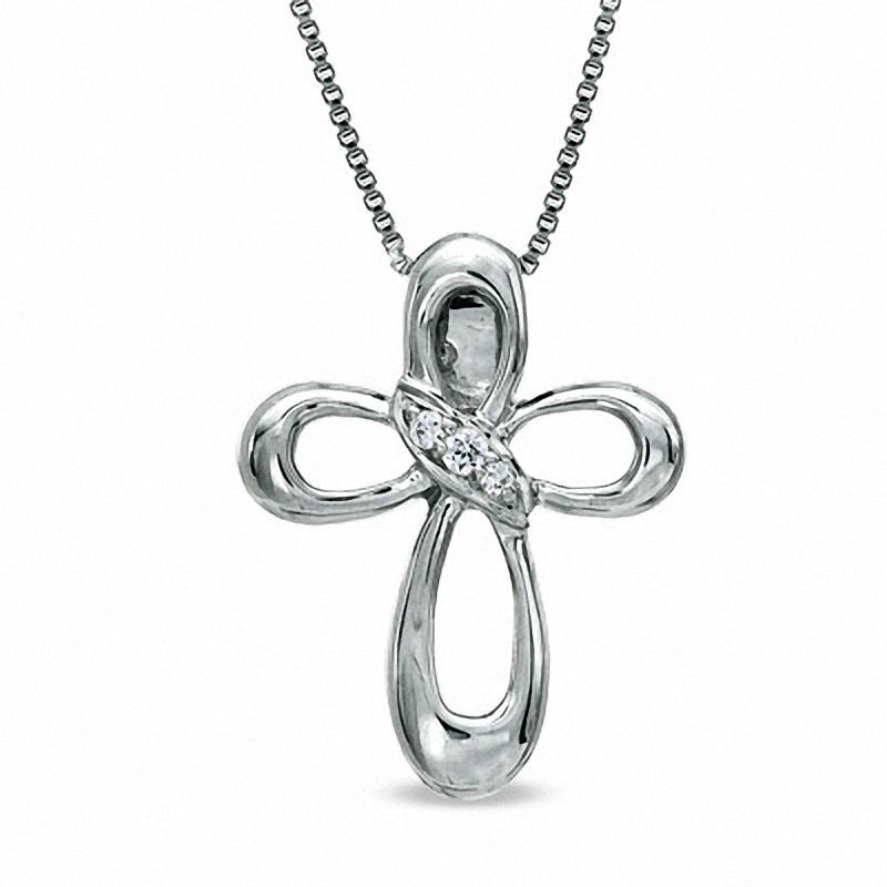 Natural Diamond Accent Three Stone Looped Cross Pendant in Sterling Silver