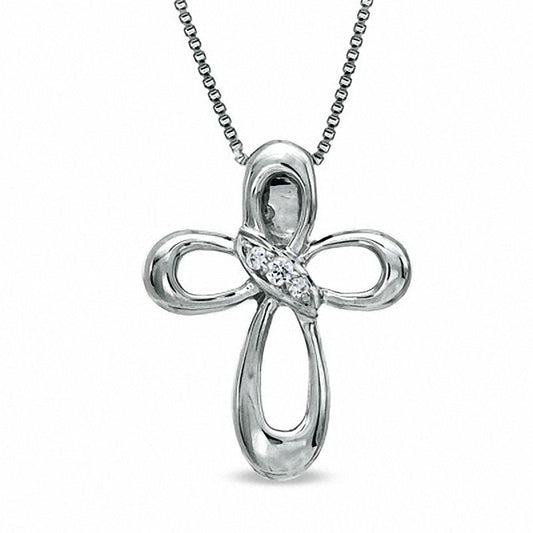 Natural Diamond Accent Three Stone Looped Cross Pendant in Sterling Silver