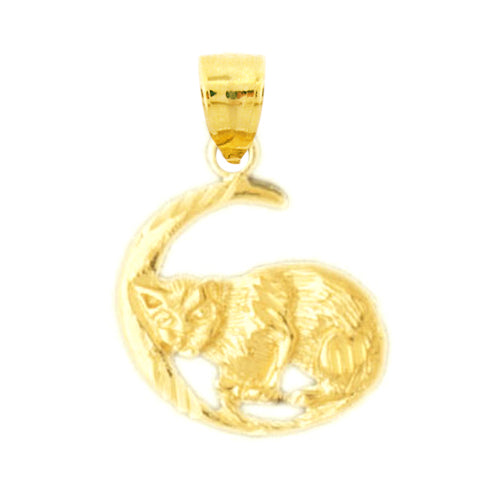 14K Gold Cat In A Crescent Pendant