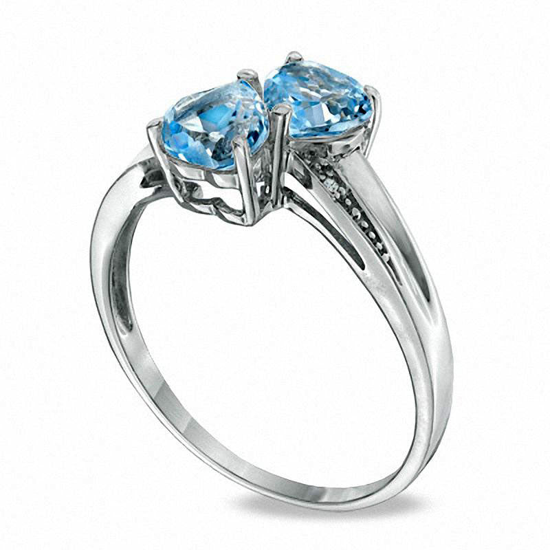 Heart-Shaped Simulated Aquamarine and Natural Diamond Accent Double Heart Ring in Sterling Silver