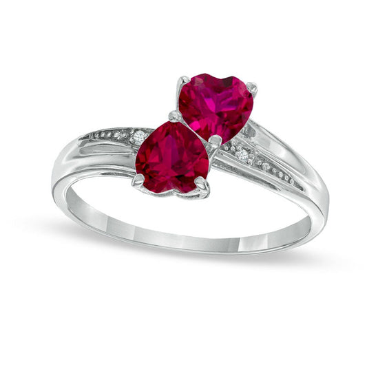 Heart-Shaped Lab-Created Ruby and Diamond Accent Double Heart Ring in Sterling Silver
