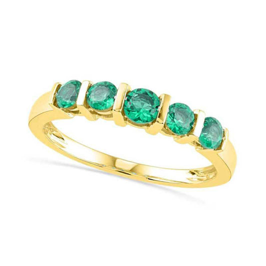 Lab-Created Emerald Five Stone Anniversary Band in Solid 10K Yellow Gold