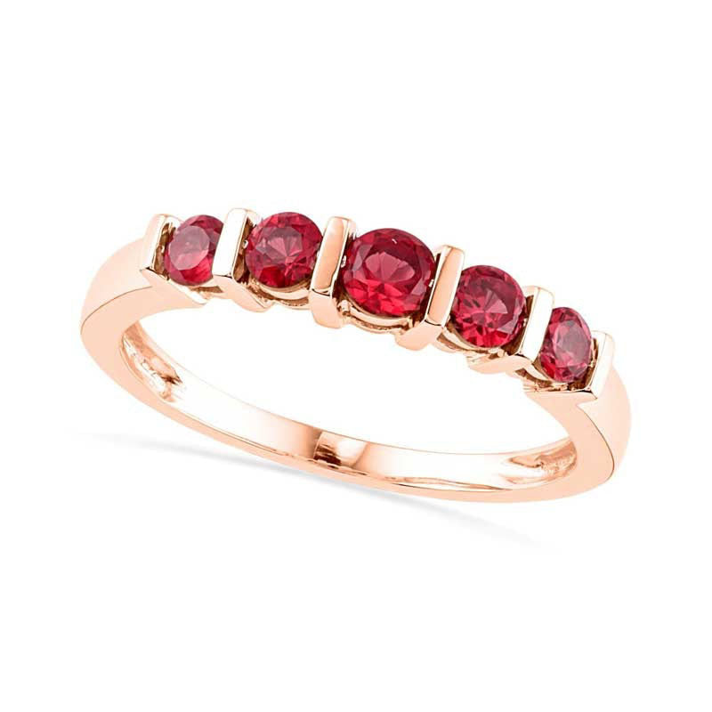 Lab-Created Ruby Five Stone Anniversary Band in Solid 10K Rose Gold