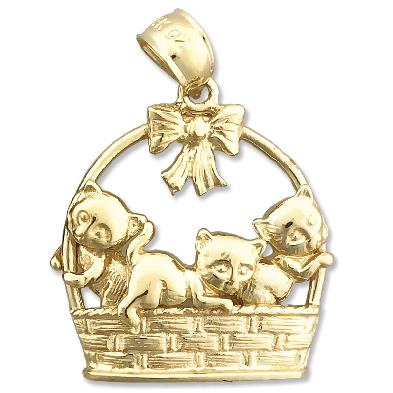 14K Gold Kittens In Basket Pendant