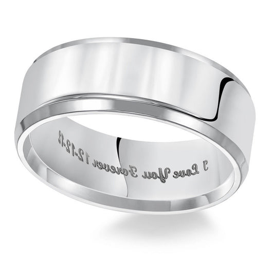 Men's 8.0mm Engraved Comfort Fit Wedding Band in Solid 14K White Gold (25 Characters)