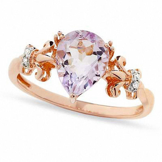 Pear-Shaped Rose de France Amethyst and Natural Diamond Accent Ring in Solid 10K Rose Gold