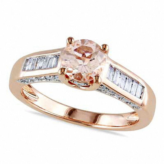 6.0mm Morganite and 0.50 CT. T.W. Baguette Natural Diamond Engagement Ring in Solid 14K Rose Gold