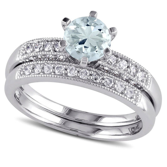 6.0mm Aquamarine and 0.33 CT. T.W. Natural Diamond Bridal Engagement Ring Set in Solid 10K White Gold