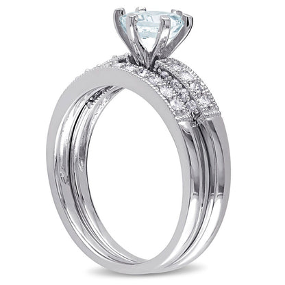 6.0mm Aquamarine and 0.33 CT. T.W. Natural Diamond Bridal Engagement Ring Set in Solid 10K White Gold