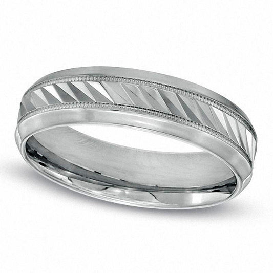 Men's 6.0mm Diagonal Etched Comfort Fit Milgrain Wedding Band in Sterling Silver