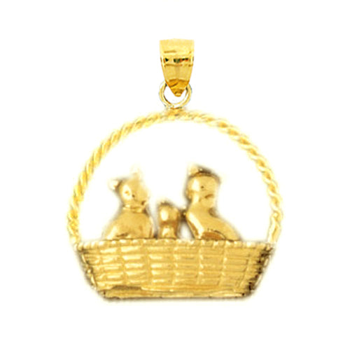 14K Gold 3D Basket of Kittens Pendant