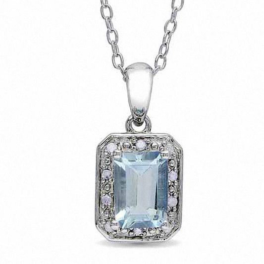 Emerald-Cut Aquamarine and Natural Diamond Accent Pendant in Sterling Silver