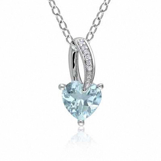7.0mm Heart-Shaped Aquamarine and Natural Diamond Accent Pendant in Sterling Silver