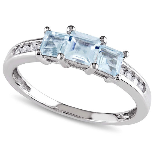 4.0mm Princess-Cut Aquamarine and 0.10 CT. T.W. Natural Diamond Three Stone Ring in Solid 10K White Gold