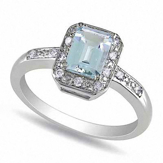 Emerald-Cut Aquamarine and 0.05 CT. T.W. Natural Diamond Promise Ring in Sterling Silver