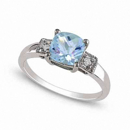 6.0mm Cushion-Cut Aquamarine and 0.05 CT. T.W. Natural Diamond Promise Ring in Sterling Silver