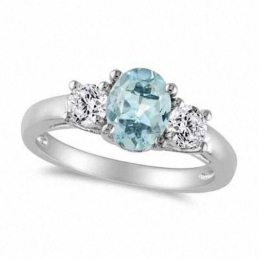 Simulated Aquamarine and Lab-Created White Sapphire Three Stone Ring in Sterling Silver