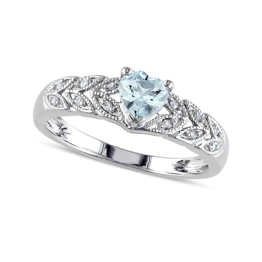 Heart-Shaped Aquamarine and 0.05 CT. T.W. Natural Diamond Leaf-Shank Promise Ring in Sterling Silver