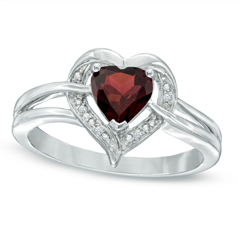6.0mm Heart-Shaped Garnet and Natural Diamond Accent Ring in Sterling Silver