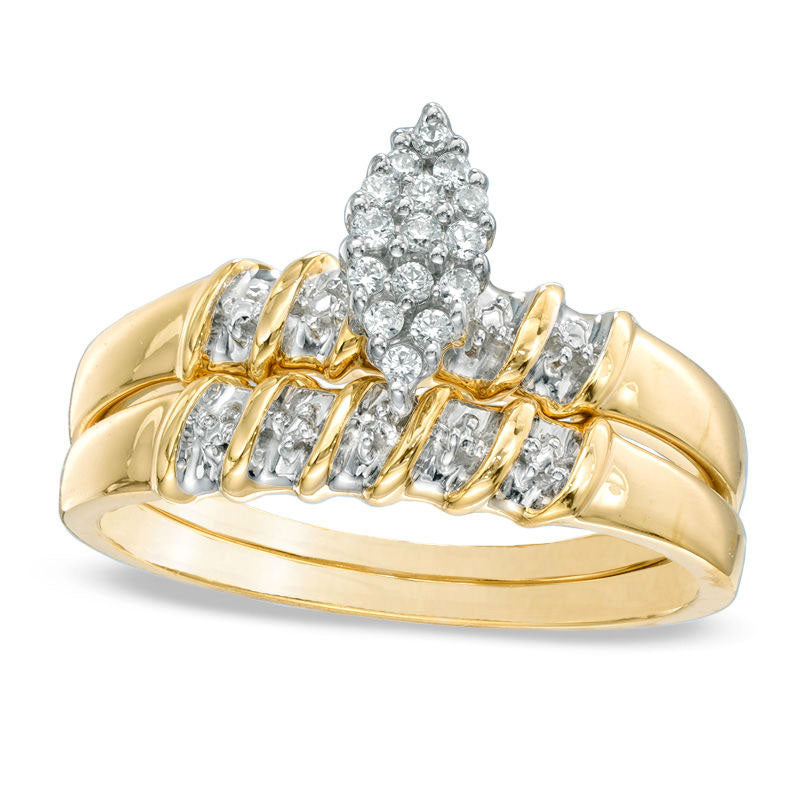 0.10 CT. T.W. Natural Diamond Marquise Cluster Bridal Engagement Ring Set in Solid 10K Yellow Gold