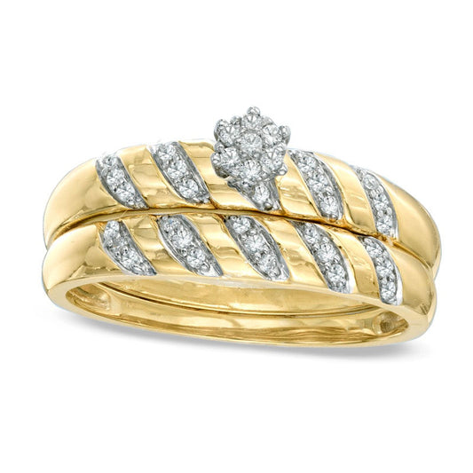 0.17 CT. T.W. Natural Diamond Flower Cluster Bridal Engagement Ring Set in Solid 10K Yellow Gold