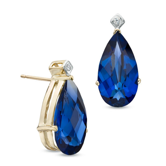 Pear-Shaped Lab-Created Blue Sapphire and Diamond Accent Earrings in 10K Gold
