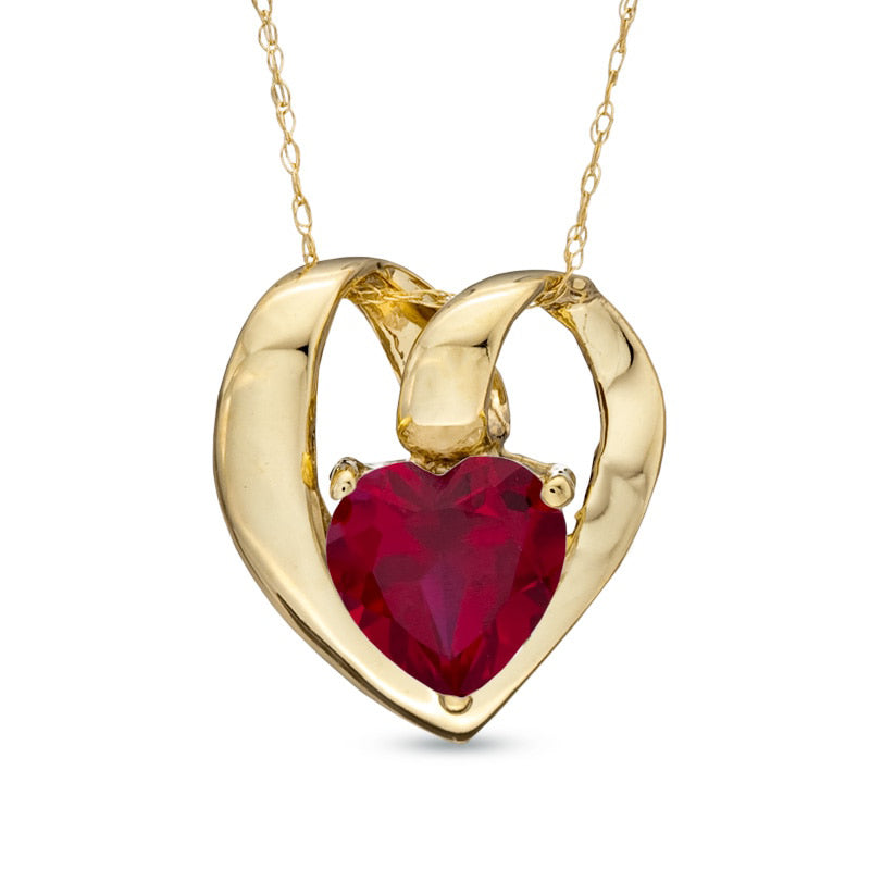 7.0mm Lab-Created Ruby Ribbon Heart Pendant in 10K Yellow Gold