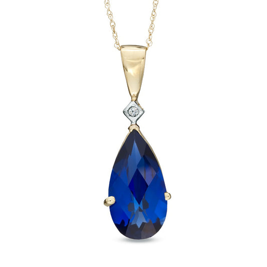 Pear-Shaped Lab-Created Blue Sapphire and Diamond Accent Pendant in 10K Yellow Gold