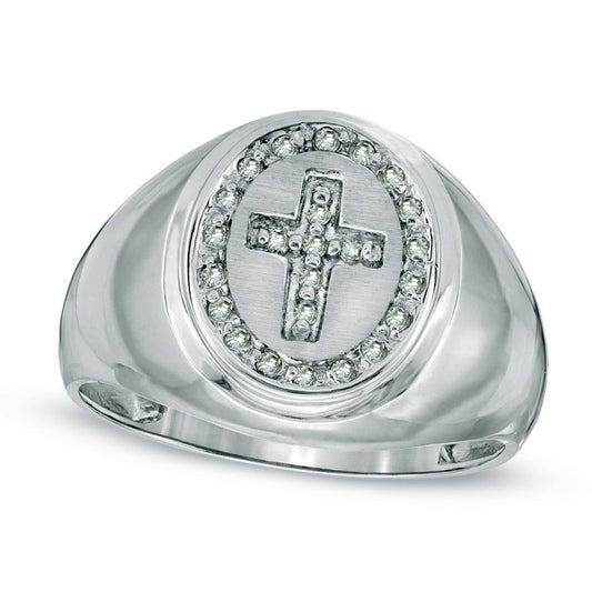 Men's 0.20 CT. T.W. Natural Diamond Cross Signet Ring in Solid 10K White Gold
