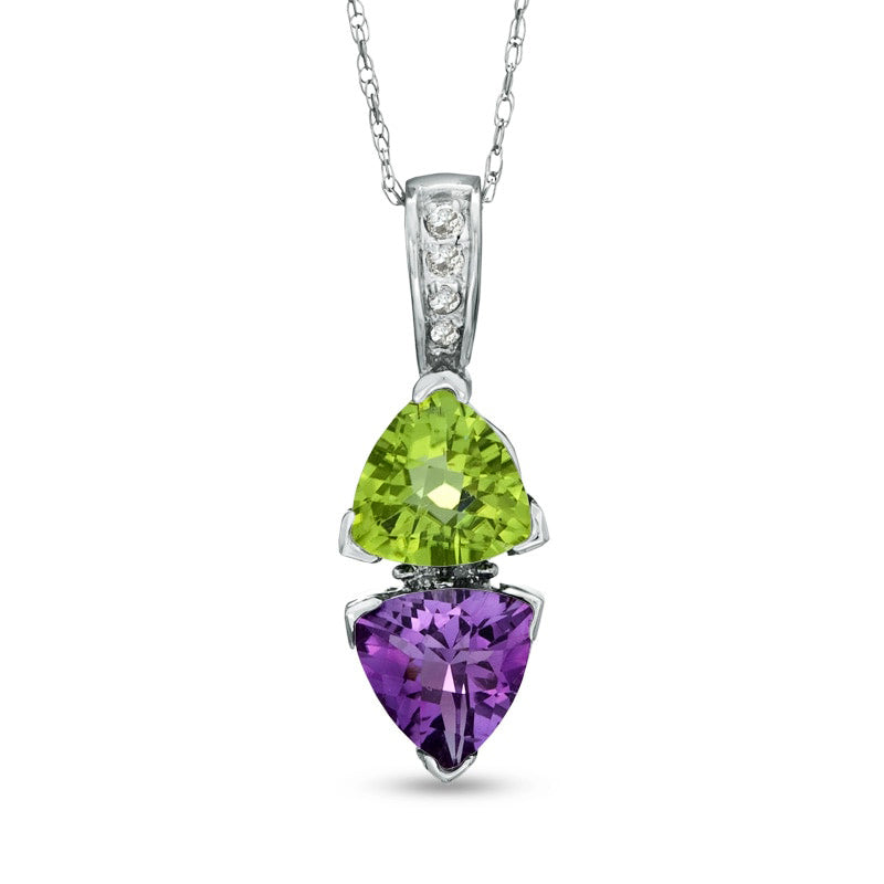 7.0mm Trillion-Cut Amethyst, Peridot and Natural Diamond Accent Drop Pendant in 10K White Gold