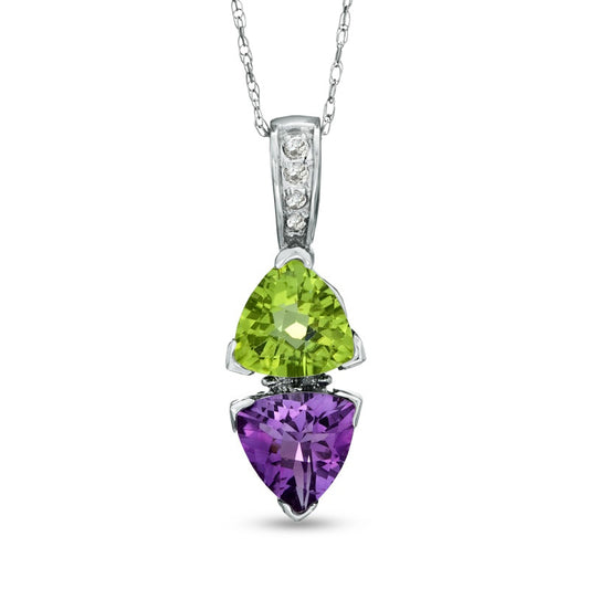 7.0mm Trillion-Cut Amethyst, Peridot and Natural Diamond Accent Drop Pendant in 10K White Gold