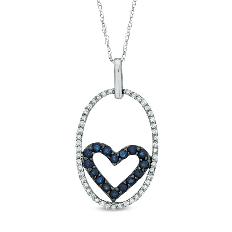 Blue Sapphire and 0.25 CT. T.W. Natural Diamond Heart in Oval Pendant in 10K White Gold
