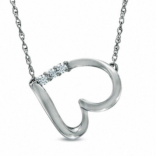0.13 CT. T.W. Natural Diamond Three Stone Sideways Heart Necklace in Sterling Silver