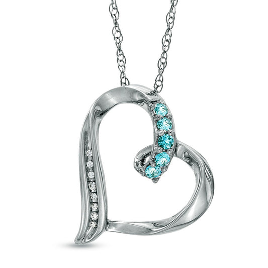 Aquamarine and Natural Diamond Accent Tilted Looping Heart Pendant in Sterling Silver