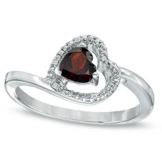 5.0mm Sideways Heart-Shaped Garnet and Natural Diamond Accent Promise Ring in Sterling Silver