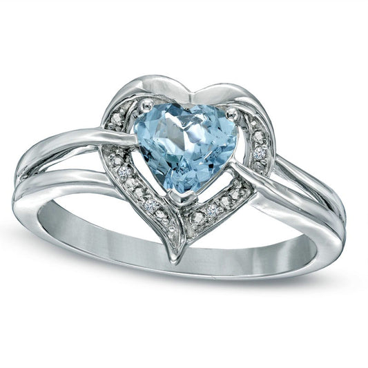 6.0mm Heart-Shaped Aquamarine and Natural Diamond Accent Ring in Sterling Silver