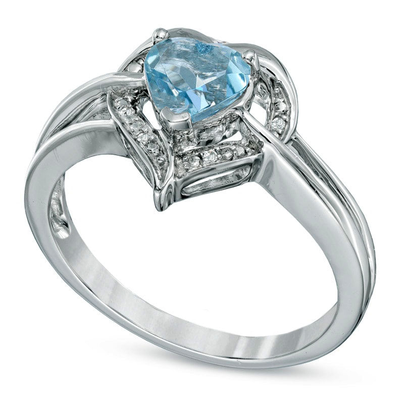 6.0mm Heart-Shaped Aquamarine and Natural Diamond Accent Ring in Sterling Silver