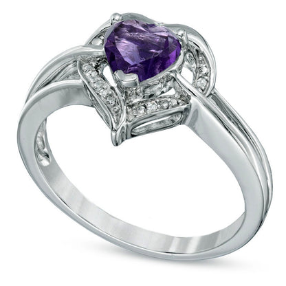 6.0mm Heart-Shaped Amethyst and Natural Diamond Accent Ring in Sterling Silver