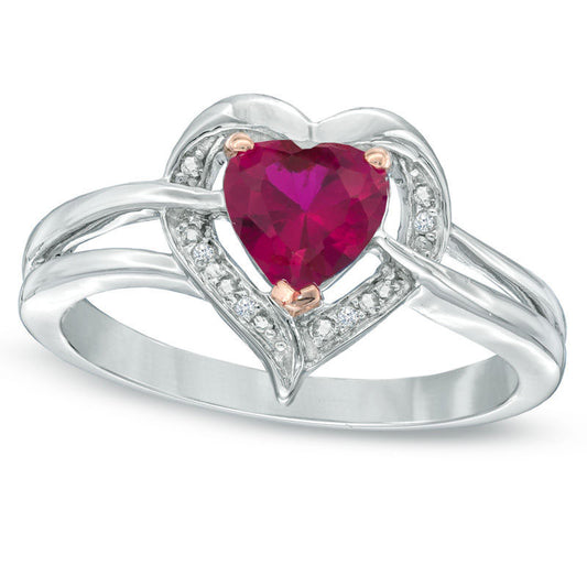 6.0mm Heart-Shaped Lab-Created Ruby and Diamond Accent Ring in Sterling Silver
