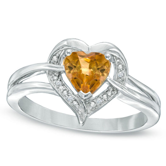 6.0mm Heart-Shaped Citrine and Natural Diamond Accent Ring in Sterling Silver