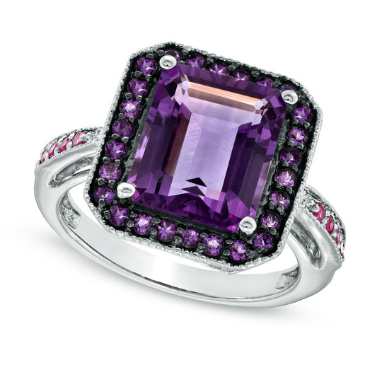 Rectangular Amethyst and Lab-Created Pink Sapphire Ring in Sterling Silver