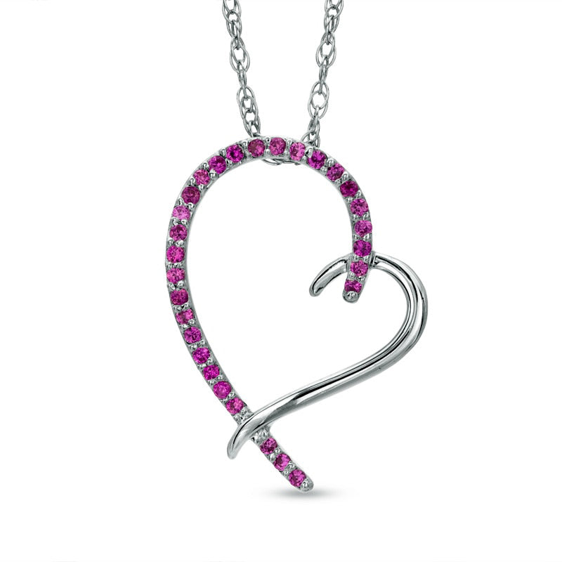 Lab-Created Pink Sapphire Tilted Heart Pendant in Sterling Silver