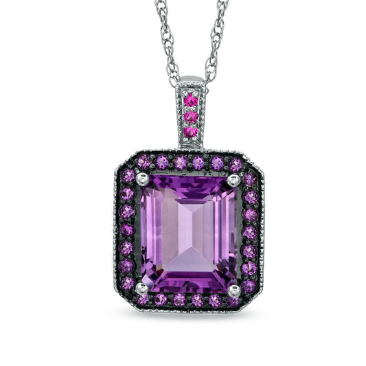 Rectangular Amethyst and Lab-Created Pink Sapphire Pendant in Sterling Silver