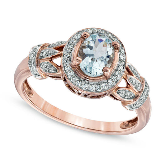 Oval Aquamarine and 0.17 CT. T.W. Natural Diamond Frame Vine Ring in Solid 10K Rose Gold